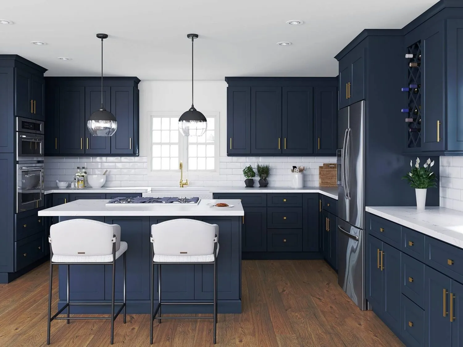 Navy and white cabinetry with a stone island and wood flooring