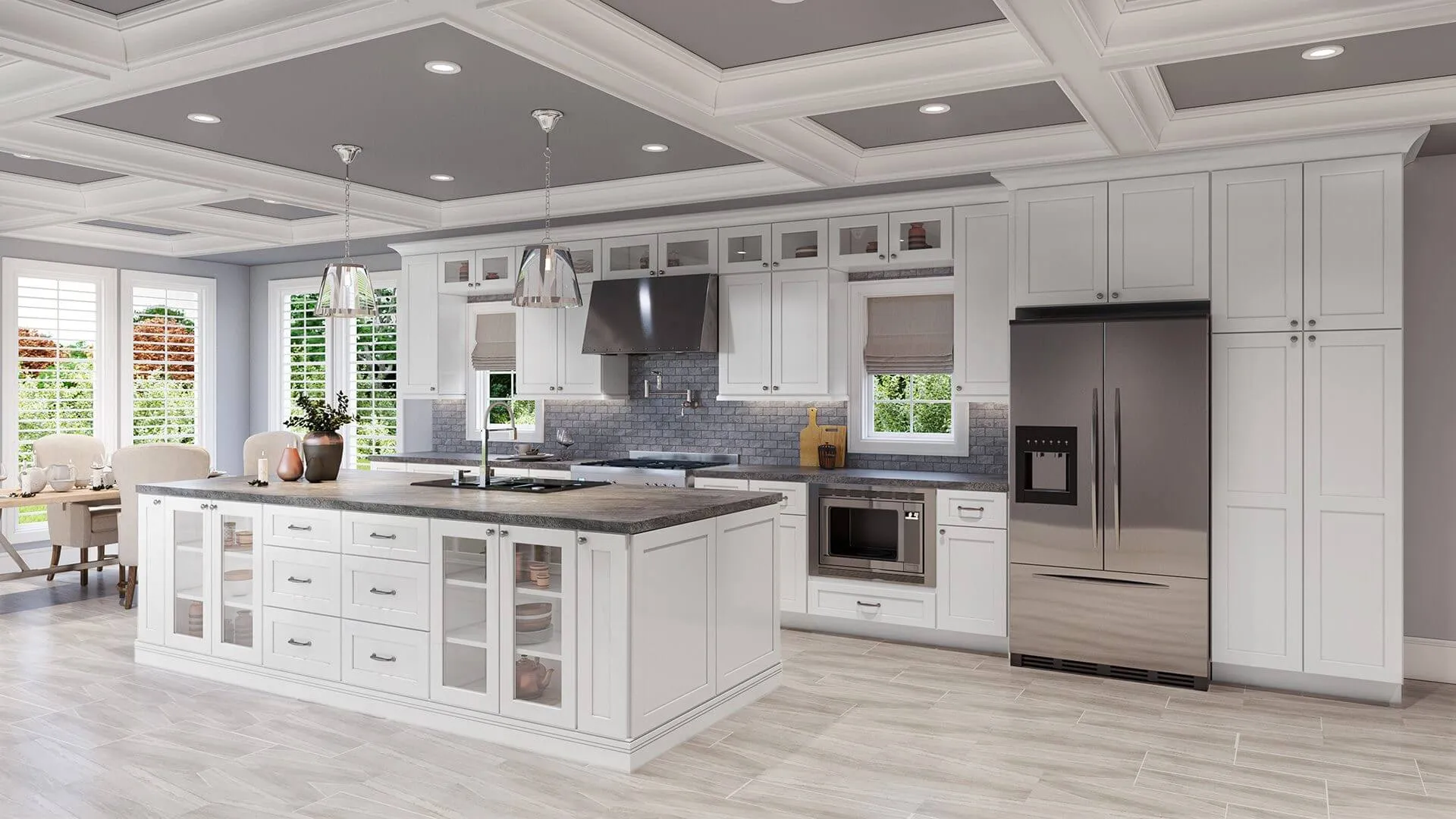 White shaker cabinets and an island in a finished kitchen